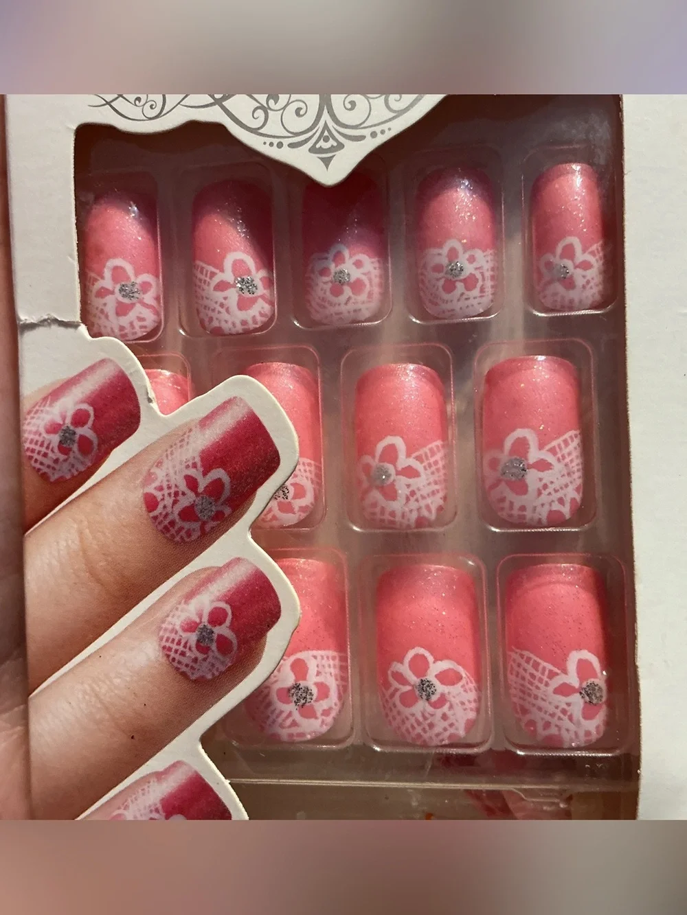KISS the Collection Pink Shimmer Floral Rhinestone Nails